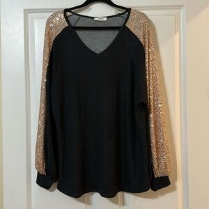 Adora Long Sleeve, Stretchy, Vneck‎ black & gold sequined top, Women’s Large